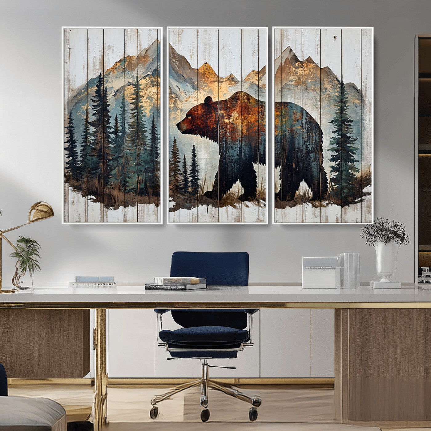 55777-MGV-CV-36X24-Rustic Grizzly 399 Bear and Mountain Wood Canvas Wall Art - Framed Nature Artwork with Forest