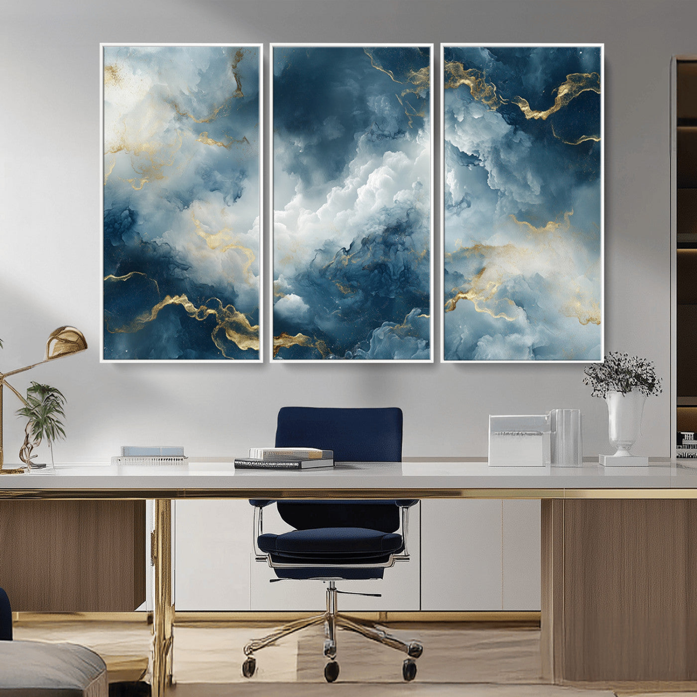 MGV-FC-48X32-3P - Large Abstract Print - Luxe Blue and Gold Abstract Canvas Wall Art - Bold Cloudscape Canvas for