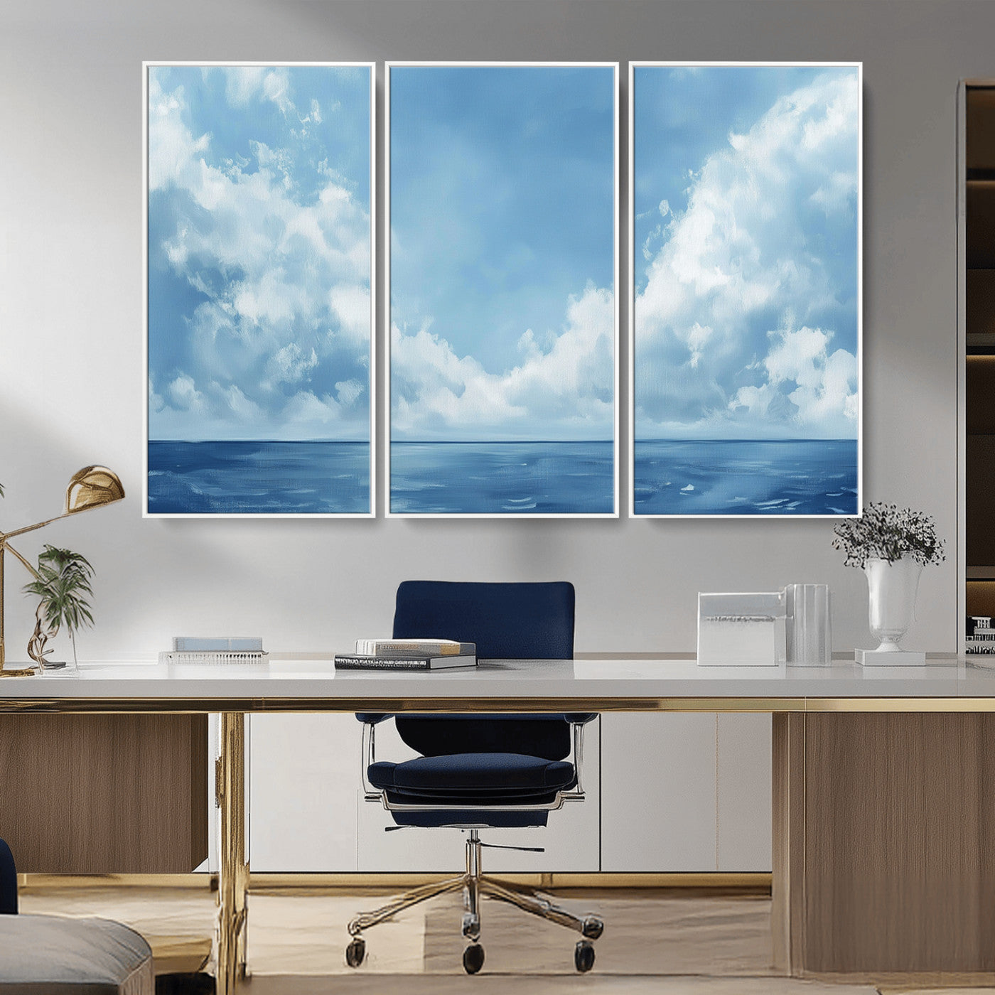 MGV-FC-48X32-3P - Abstract Ocean Print Artwork- Serene Blue Ocean Canvas Wall Art - Minimalist Ocean and Sky Canvas