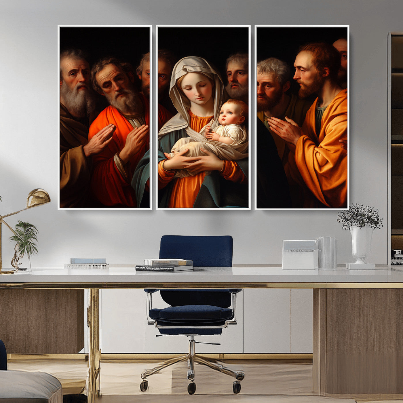MGV-FC-48X32-3P - Religious Canvas Wall Art Print - Madonna and Child with Apostles Art Print - Classic Christian