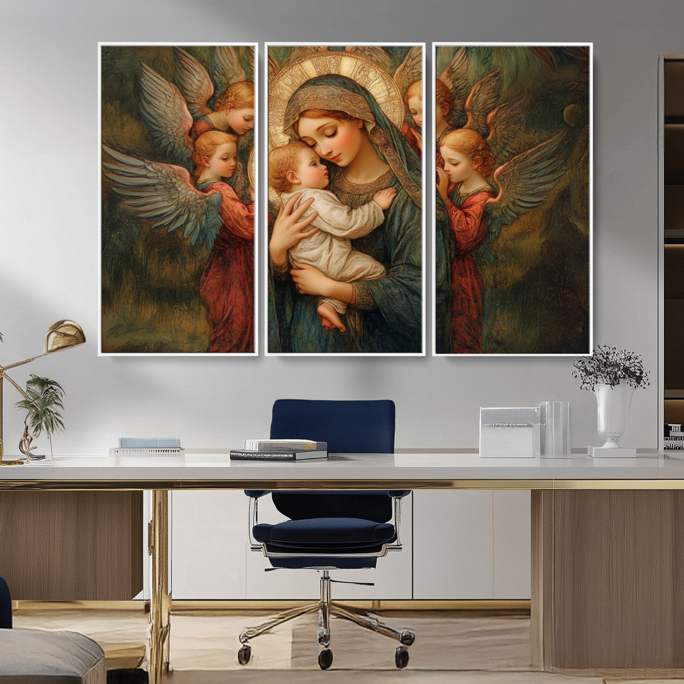 MGV-FC-48X32-3P - Mary Jesus Canvas Wall Art Print - Madonna and Child with Angels Art Print - Classic Christian