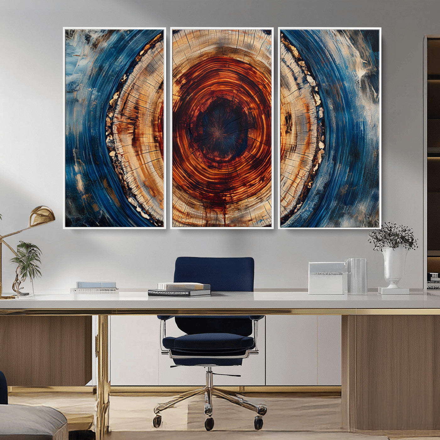 MGV-FC-48X32-3P - Abstract Framed Tree Rings Wall Decor, Wood Grain Rings Artwork Print, Nature Woodland Modern Wall
