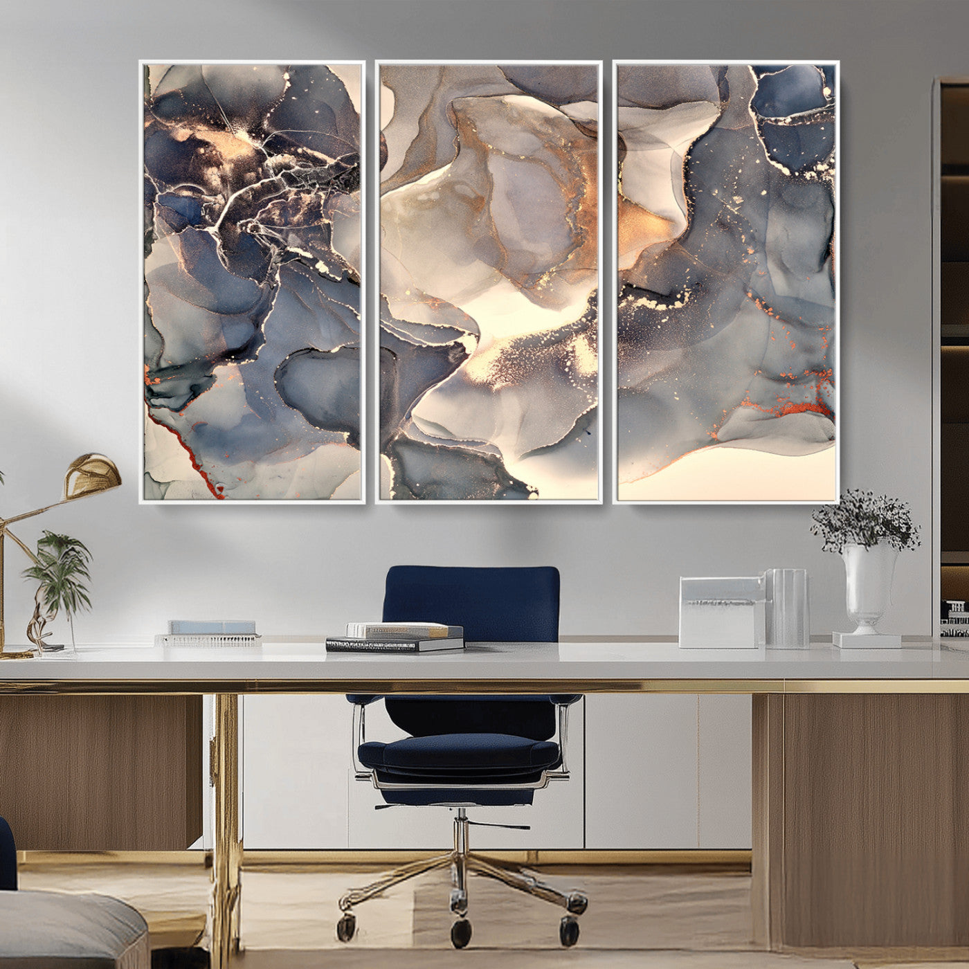 MGV-FC-48X32-3P - Abstract Blue and Gold Wall Art - Fluid Ink Artwork - Modern Luxury Wall Decor for Contemporary