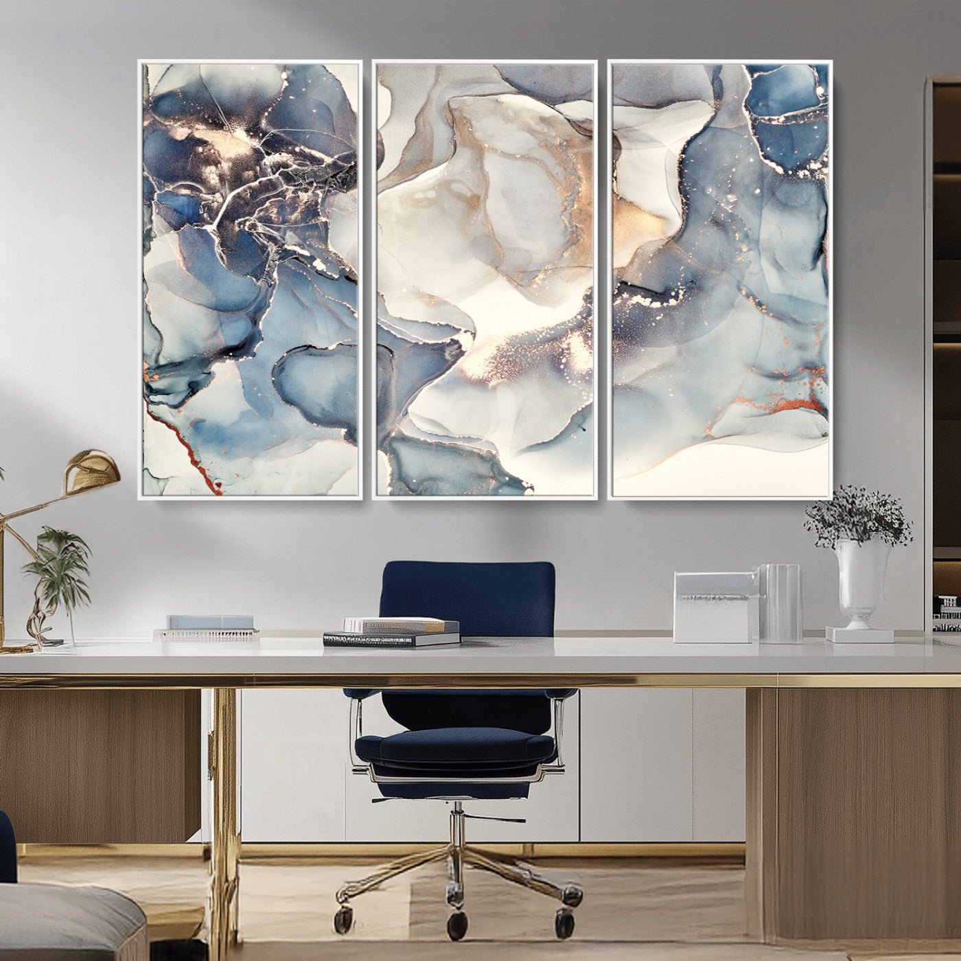 MGV-FC-48X32-3P - Abstract Blue and Gold Canvas Wall Art - Fluid Ink Artwork - Modern Luxury Wall Decor for Contemporary Interiors
