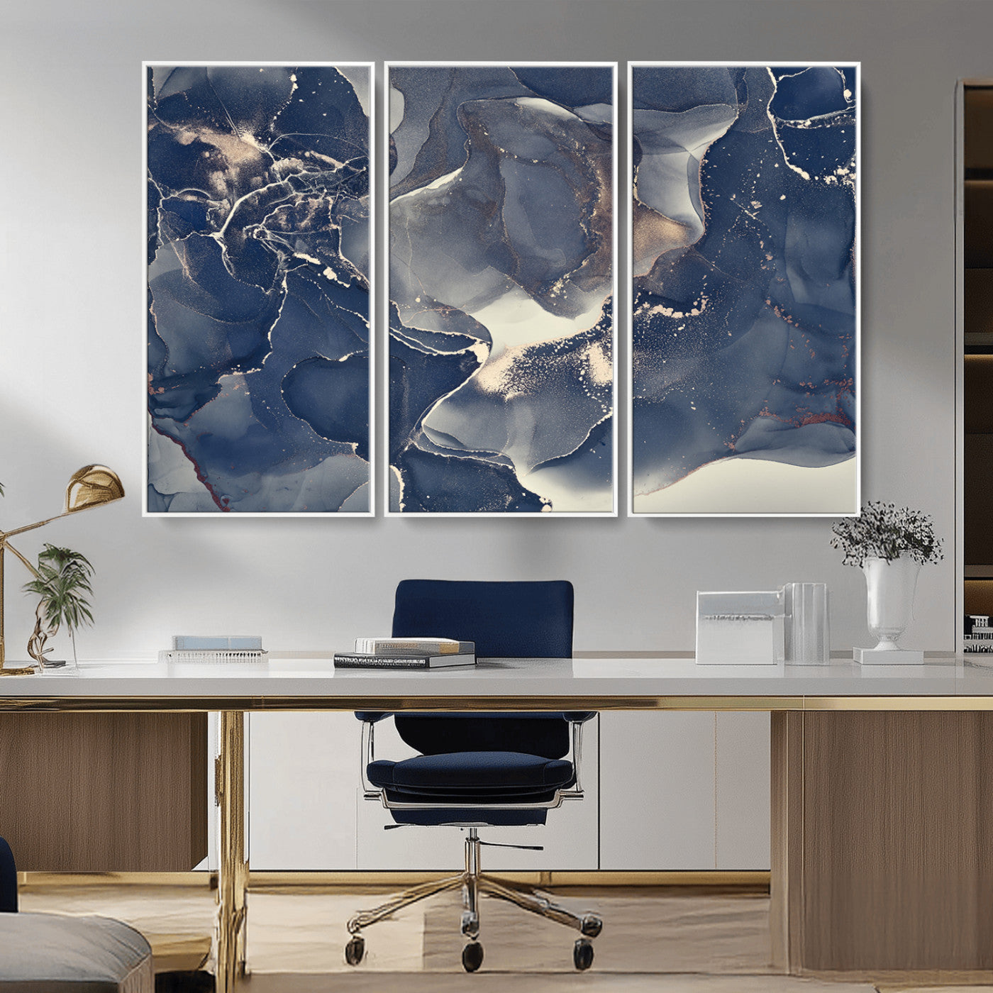 MGV-FC-48X32-3P - Large Abstract Blue and Gold Canvas Wall Art | Fluid Ink Artwork Print | Luxury Wall Decor for