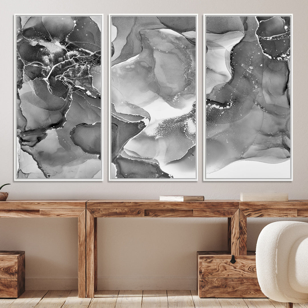 Black White Abstract Canvas Wall Art - Fluid Ink Artwork - Modern Luxury Wall Decor for Contemporary Interiors