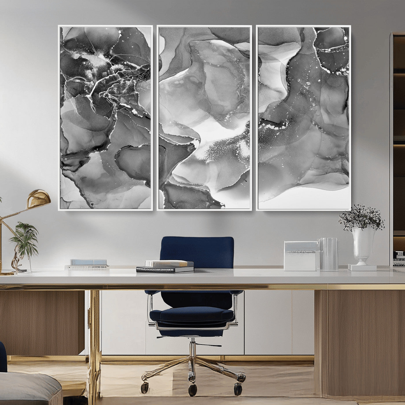 MGV-FC-48X32-3P - Black White Abstract Canvas Wall Art - Fluid Ink Artwork - Modern Luxury Wall Decor for Contemporary