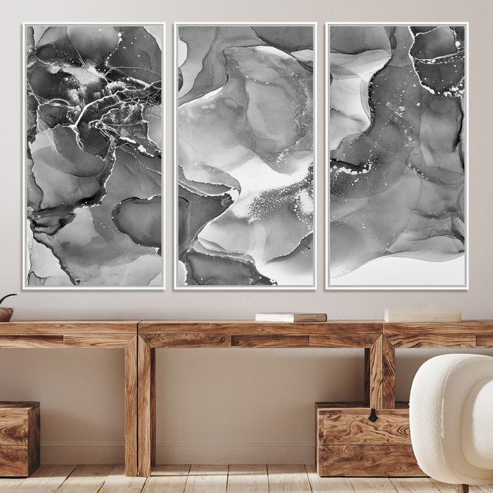 Black White Abstract Canvas Wall Art - Fluid Ink Artwork - Modern Luxury Wall Decor for Contemporary Interiors