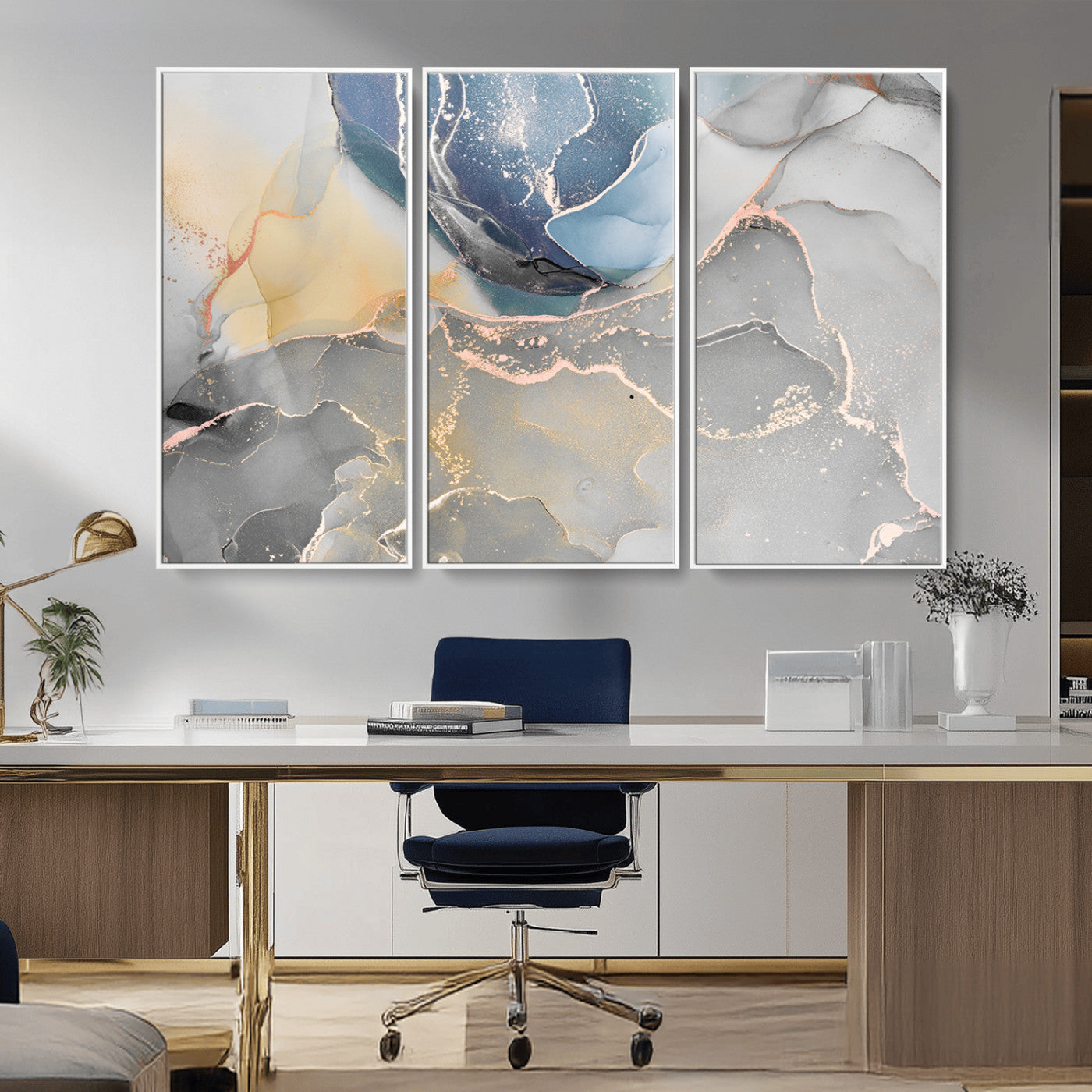 MGV-FC-48X32-3P - Large Abstract Blue and Gold Canvas Wall Art | Fluid Ink Artwork Print | Luxury Wall Decor for