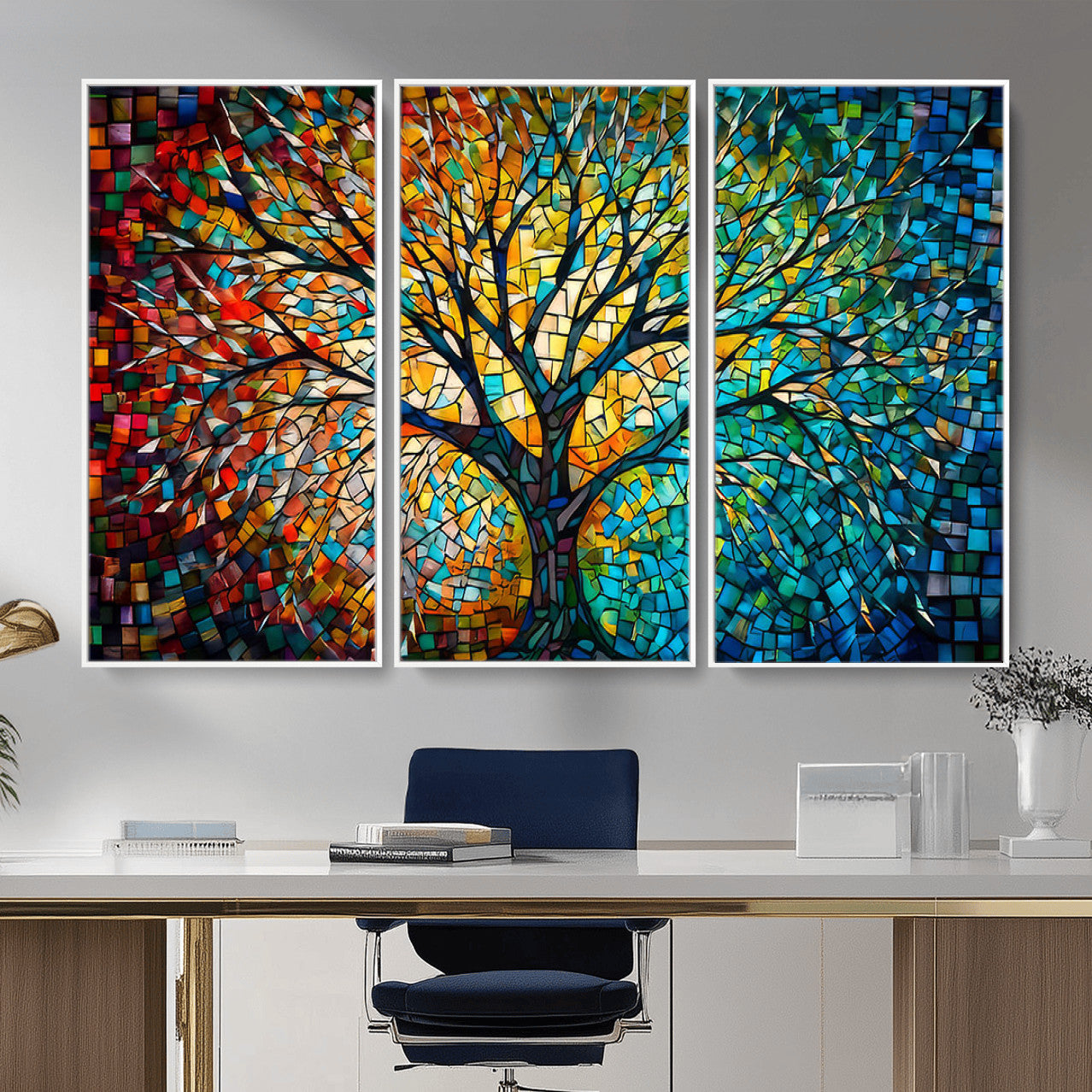99325-MGV-CV-36X24 - Yggdrasil Tree of Life Wall Art Print Canvas | Mosaic Style 3-Panel Canvas Print
