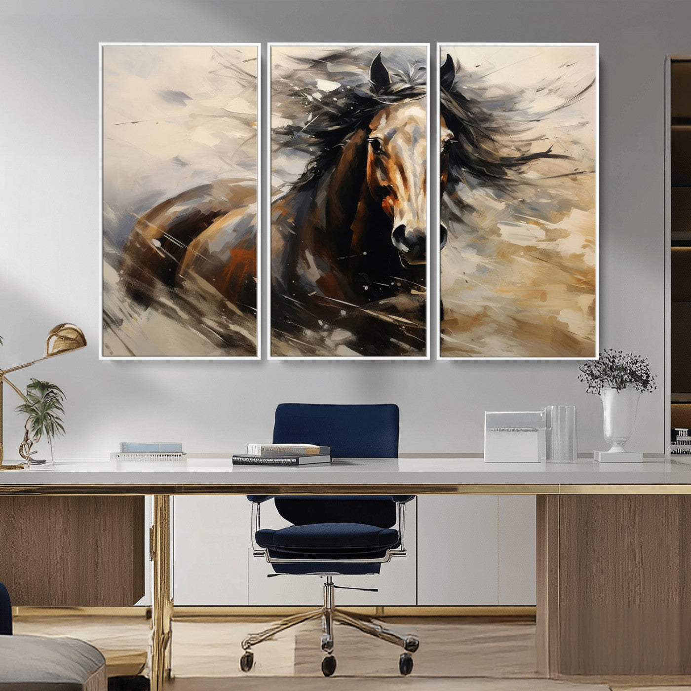 MGV-FC-48X32-3P - Abstract Wall Art Horse Print - Large Western Horse Canvas - Farmhouse Woodland Wall Art - Framed