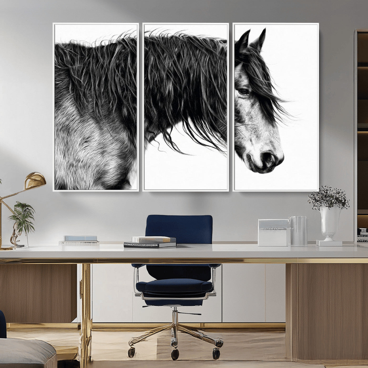 MGV-FC-48X32-3P - Black Horse Wall Art Canvas Print for Farmhouse Decor and Woodland Decoration