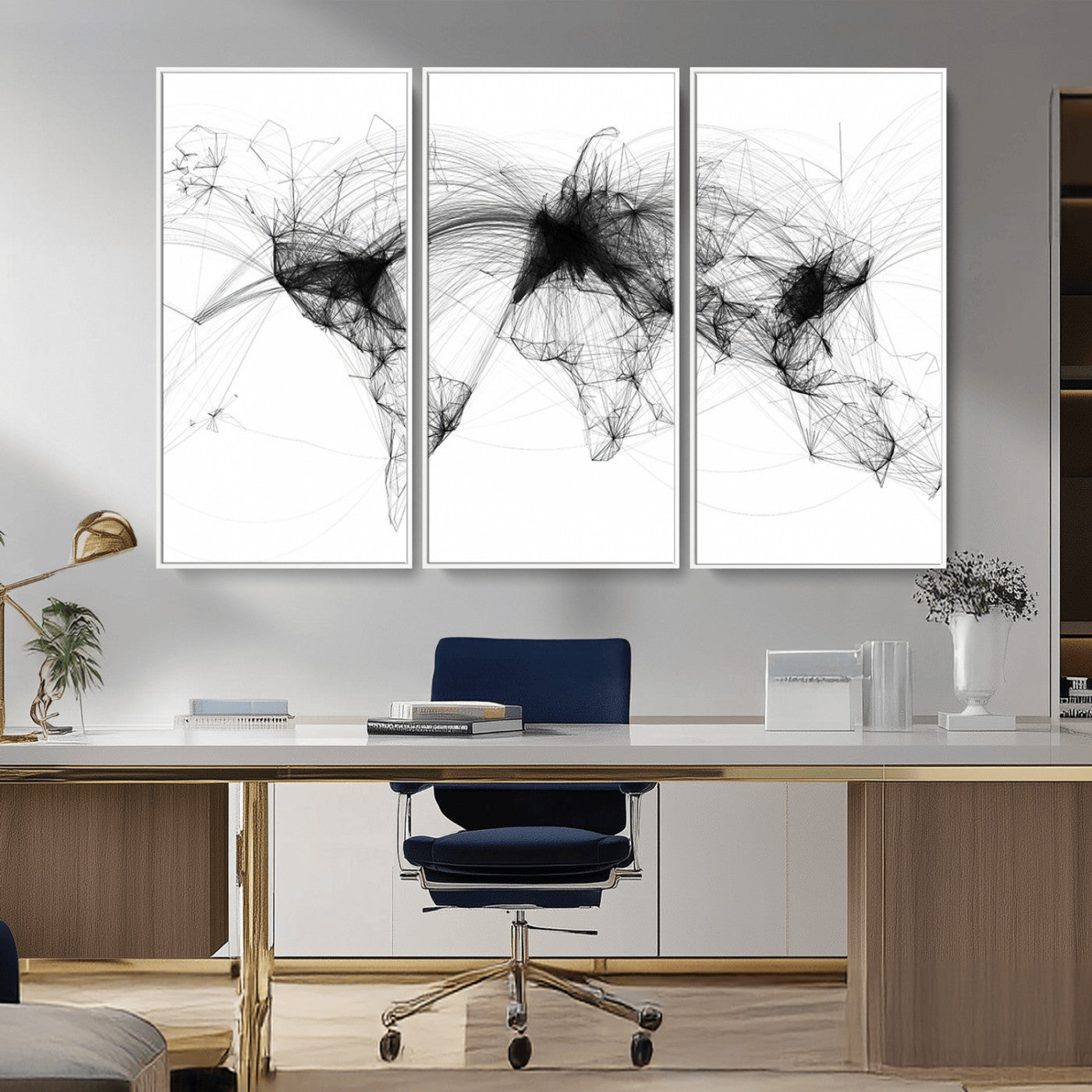 A minimalist abstract world map created from interconnected black lines representing global connectivity and communication networks.