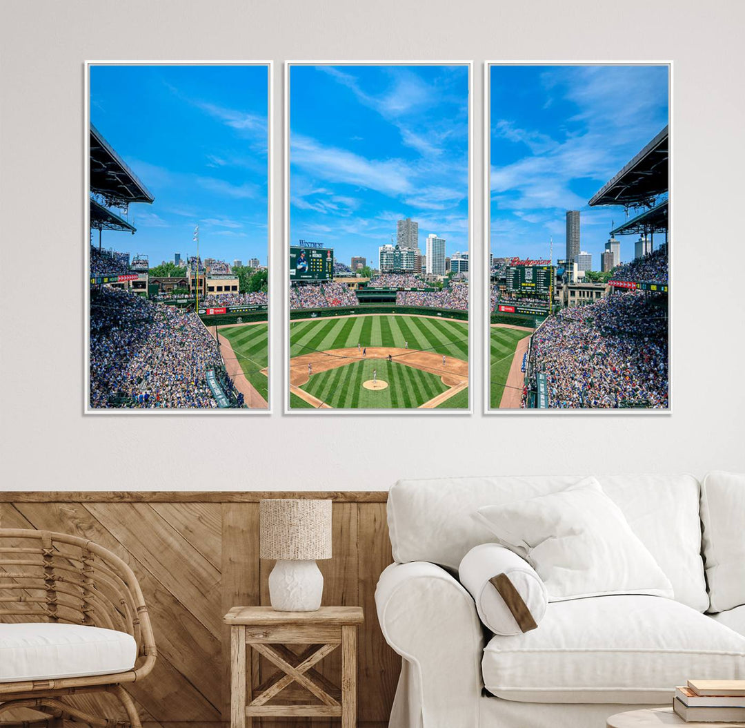 Panoramic view of Wrigley Field, ideal for the Wrigley Field Chicago Cubs Panoramic Canvas Wall Art - Ready to Hang.