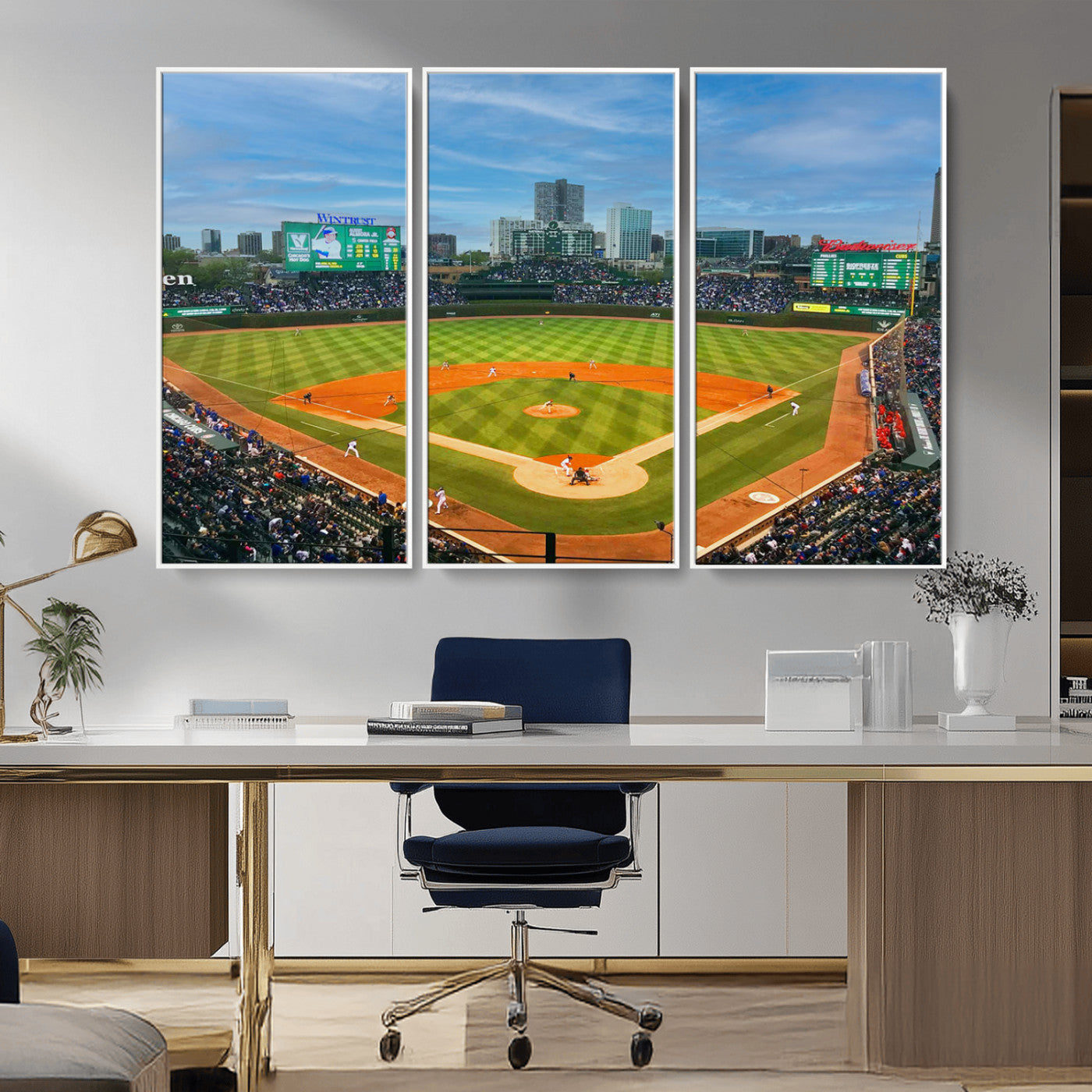 MGV-FC-48X32-3P - Wrigley Field Chicago Cubs Panoramic Multi Piece Canvas Wall Art - Iconic Baseball Stadium Print for