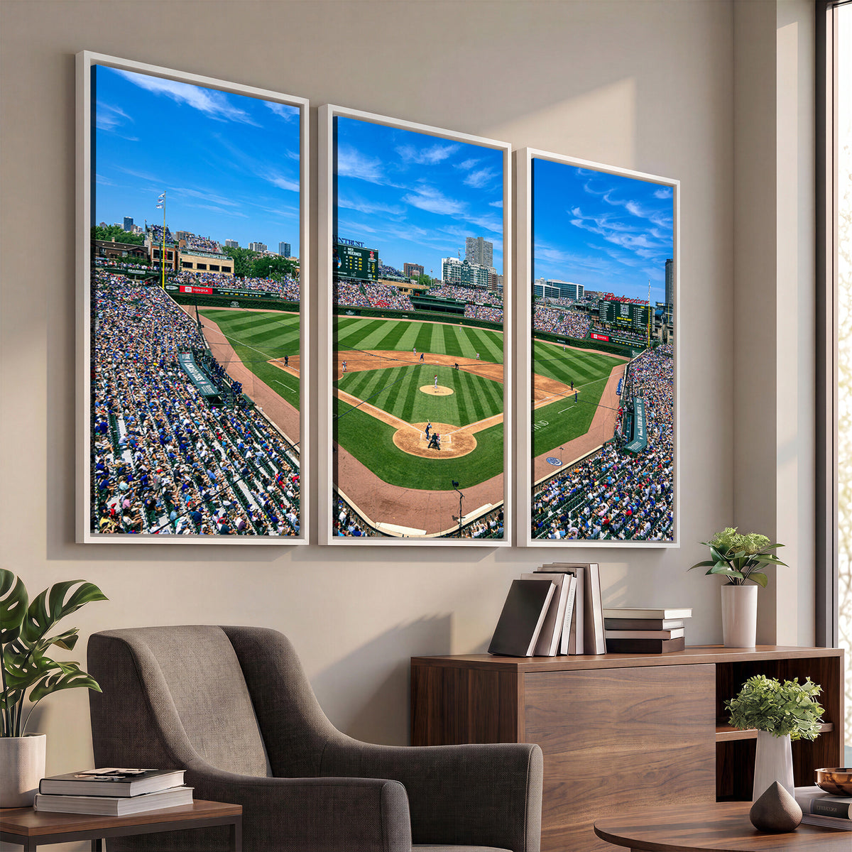 26064-MGV-CV-36X24 - Framed Wrigley Field Chicago Cubs Canvas Print – Panoramic Multi-Piece Iconic Baseball Stadium Wall Art for Home, Office