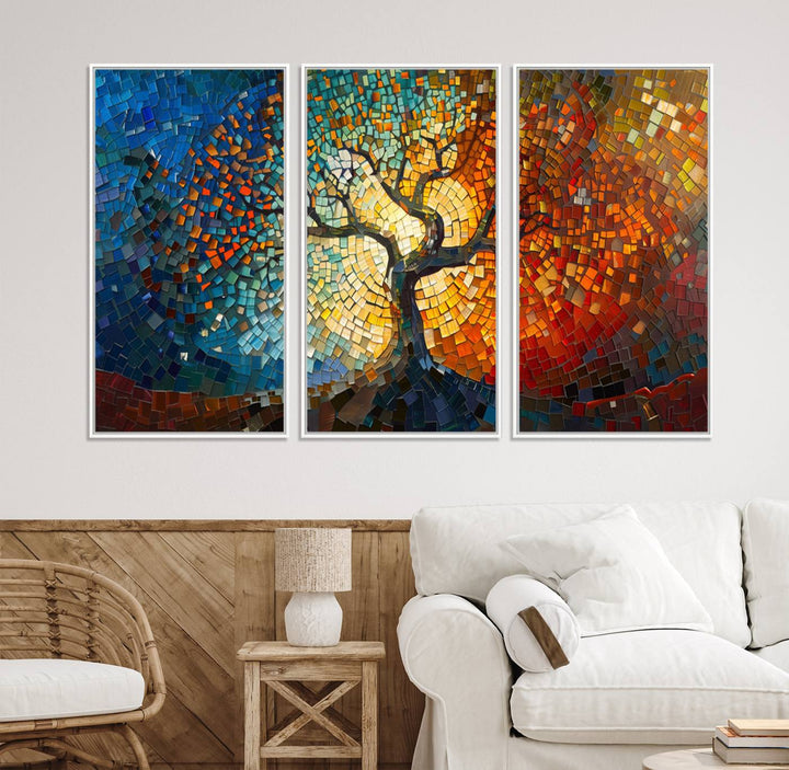 Mosaic Tree Canvas Wall Art: A stunning stained glass-inspired Tree of Life featuring blue and orange swirling patterns reminiscent of a sunburst.