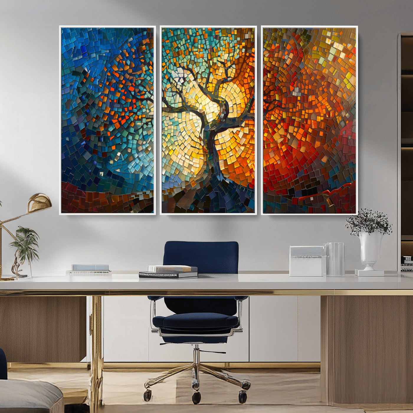 MGV-FC-48X32-3P - Mosaic Tree Canvas Wall Art Canvas Print – Vibrant Stained Glass-Inspired Tree of Life - Ready to