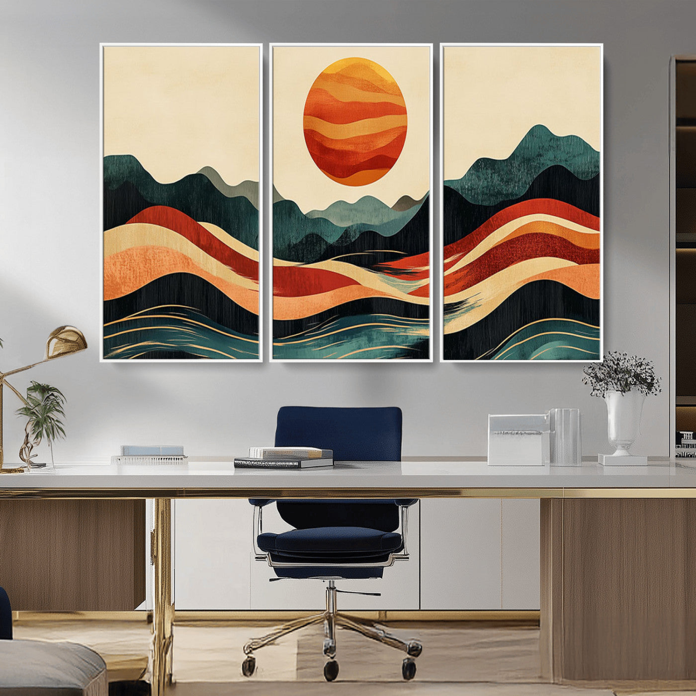 MGV-FC-48X32-3P - Mountain Triptych Wall Art - Western Nature Prints - Framed Boho Pine Tree Canvas for Log Cabin or
