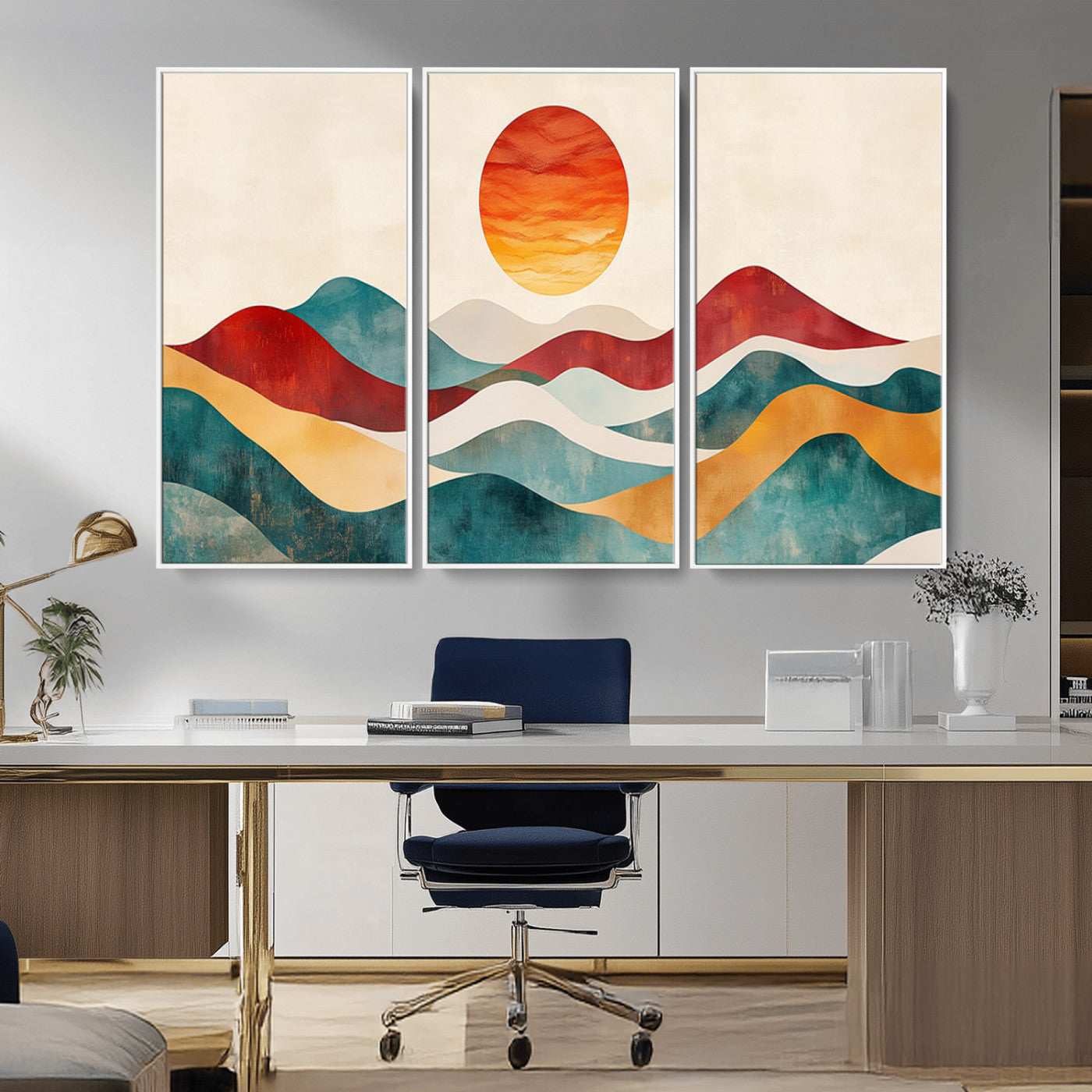MGV-FC-48X32-3P - Southwest Mountain Canvas - Boho Triptych Wall Art - Rustic Woodland Nursery Decor - Abstract Nature