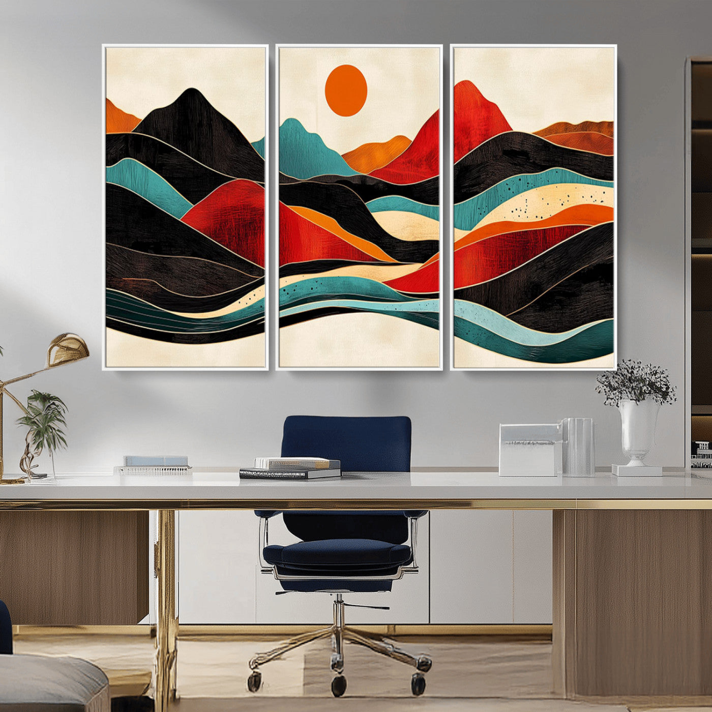 MGV-FC-48X32-3P - Western Wall Decor - Large Triptych Mountain Canvas - Boho Woodland Wall Art Print - Framed