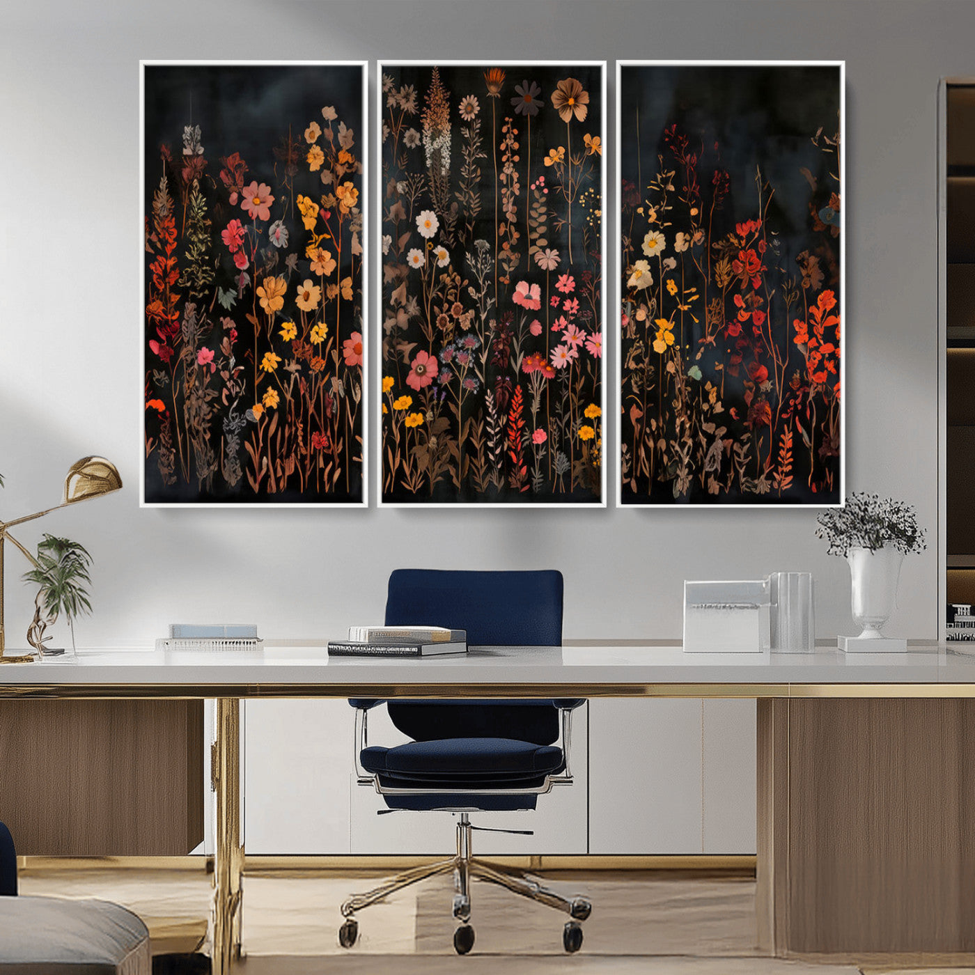 MGV-FC-48X32-3P - Dark Floral Canvas Wall Art - Moody Botanical Flower Print - Rustic Floral Wall Decor for Home -