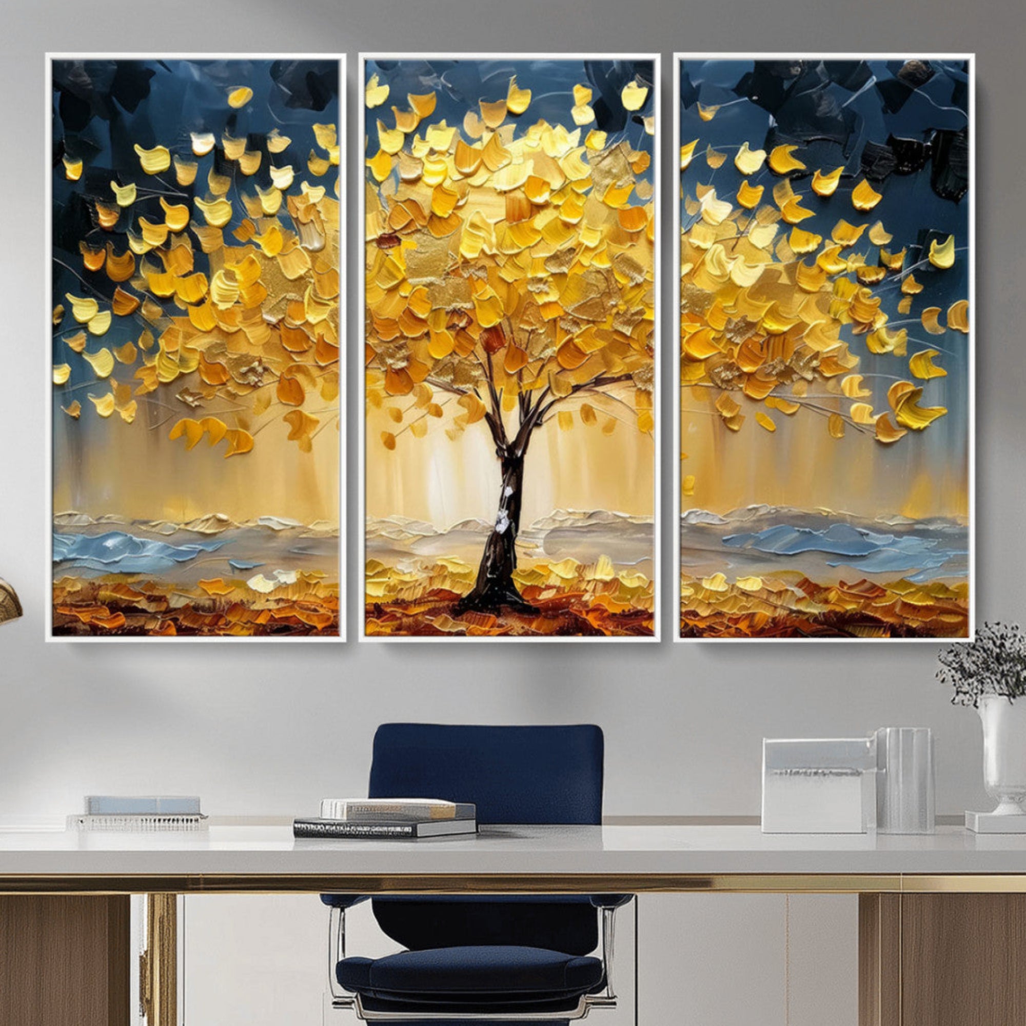 A stunning impasto painting captures the golden hues of autumn with a vibrant tree glowing against a dramatic blue and brown backdrop.