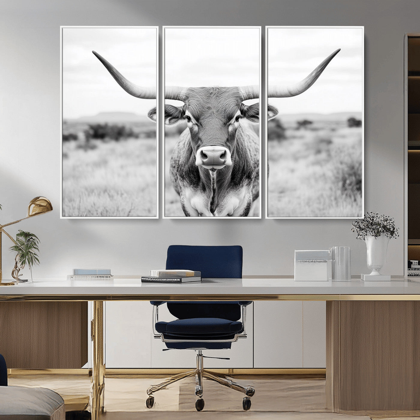 MGV-FC-48X32-3P - Highland Cow Wall Art Print - Black and White Texas Western Longhorn Canvas - Farmhouse Decor Print
