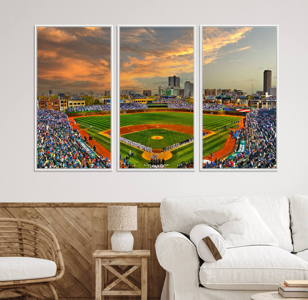 Aerial view of Wrigley Field at sunset against a vibrant sky, creating the perfect Chicago Wrigley Field Canvas Wall Art.