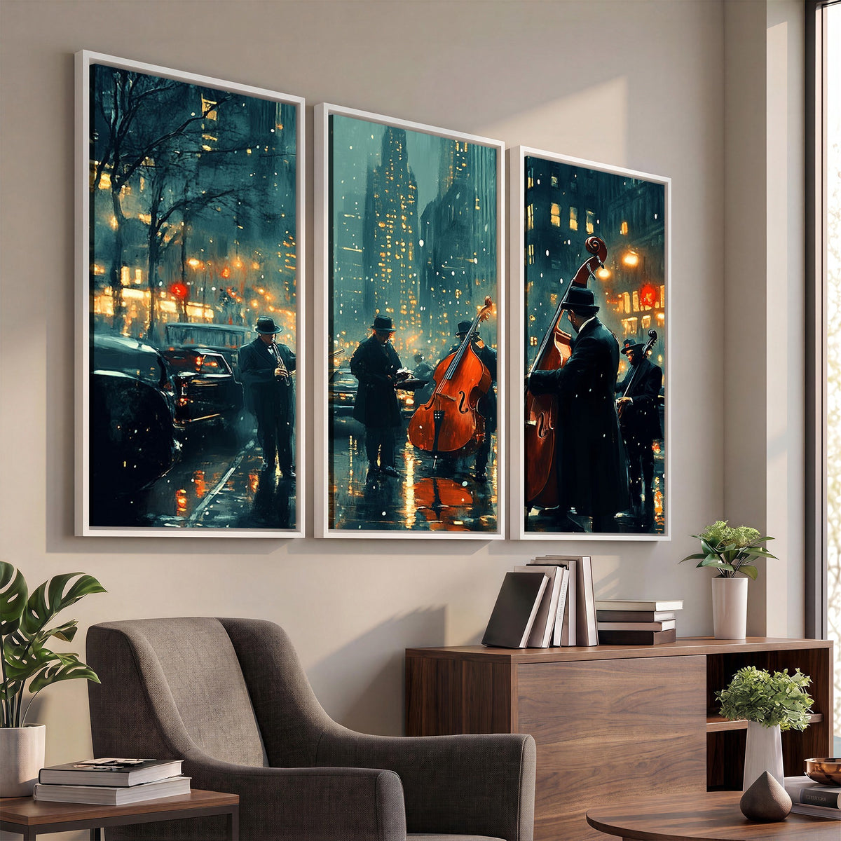 53391-MGV-CV-24X16 - Urban Night Jazz Wall Art Canvas Print | Moody Rain Soaked City Street Band Scene