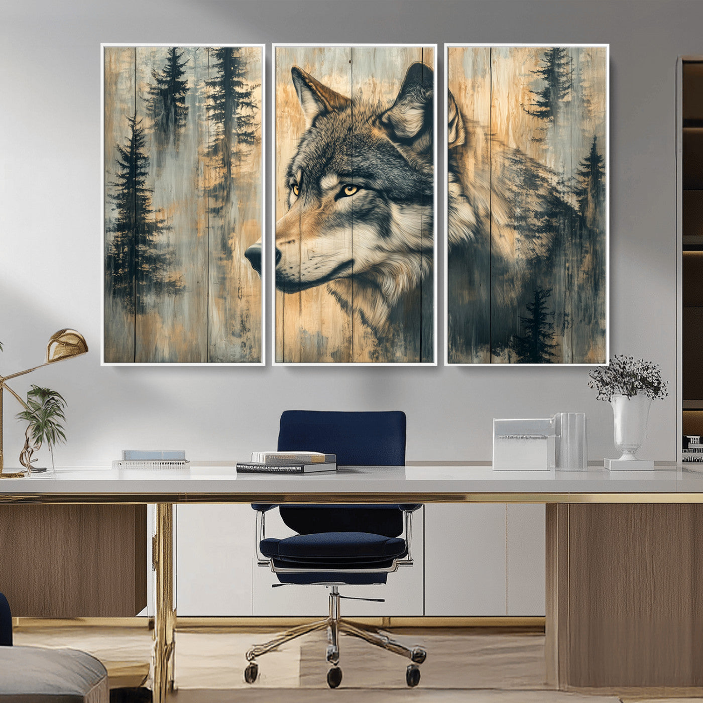 MGV-FC-48X32-3P - Wood Style Rustic Wolf Wall Art Canvas Print, Vintage Woodland Wolf Wall Art, Framed Wood Style Wolf