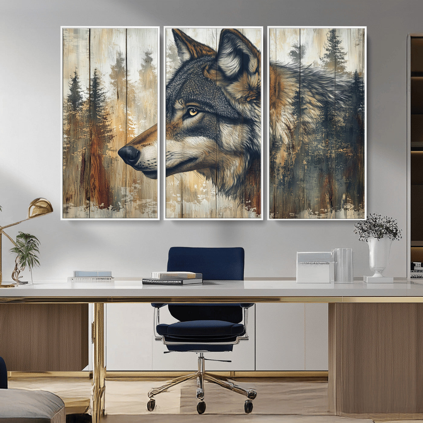 MGV-FC-48X32-3P - Rustic Wolf Wall Art Canvas Print, Vintage Woodland Wolf Wall Art