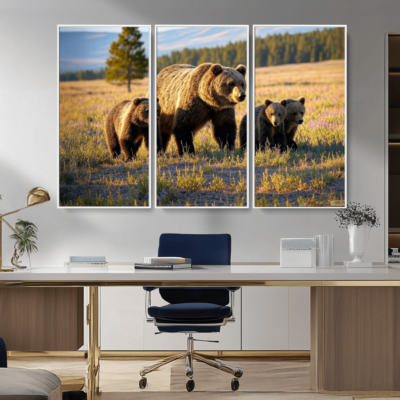 MGV-FC-48X32-3P - Grizzly 399 in Wild Flowers Wall Art Canvas Print, Grizzly Bears Wall Art, Queen of Grand Teton
