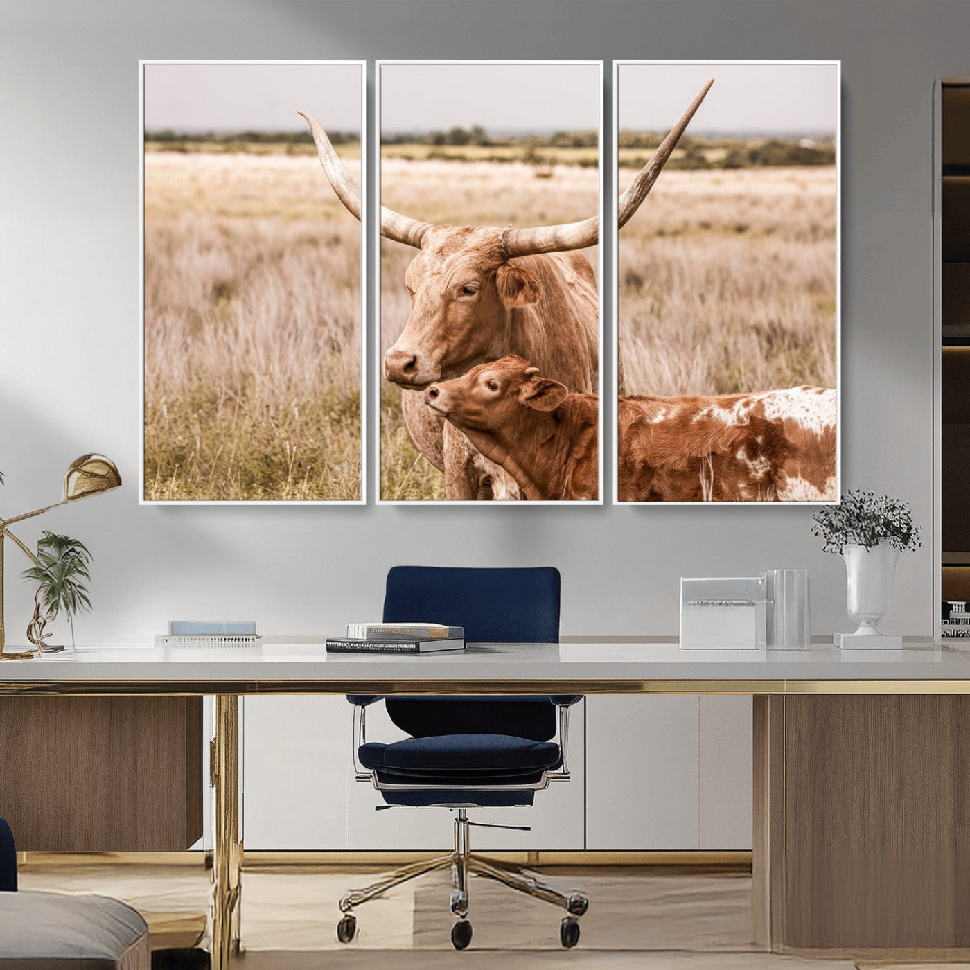 MGV-FC-48X32-3P - Texas Longhorn Cow Wall Art Canvas Print for Farmhouse Wall Art, Texas Decor, Western Wall Art Print