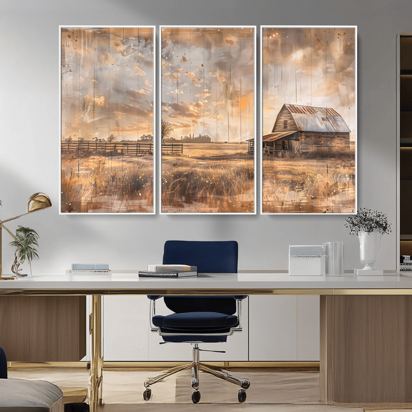 MGV-FC-48X32-3P - Rustic Farmhouse Wall Art Canvas Print | Barn and Field Canvas Print | Vintage Country Landscape