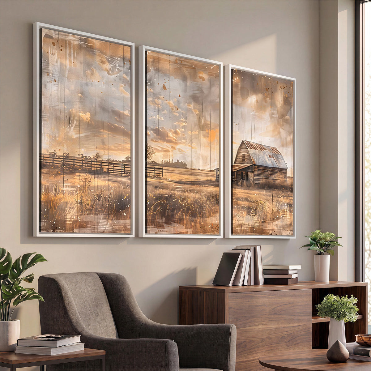 FARM2-MGV-CV-24X16 - Rustic Farmhouse Wall Art Canvas Print | Barn and Field Vintage Country Landscape