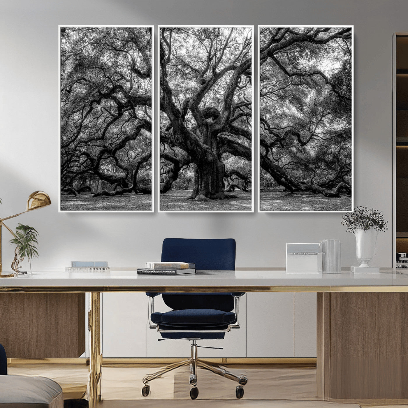 MGV-FC-48X32-3P - Black and White Old Angel Oak Tree Wall Art Canvas Print