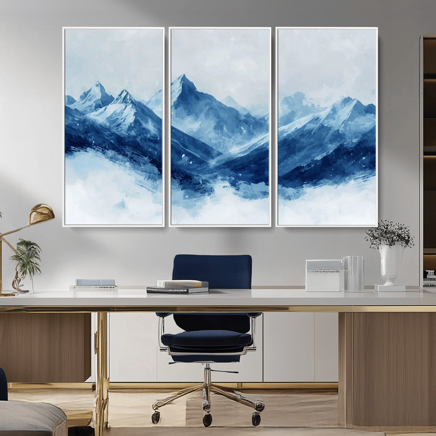 Peaceful watercolor-style painting of snowy blue mountains in soft tones, perfect for winter-themed or minimalist wall decor.