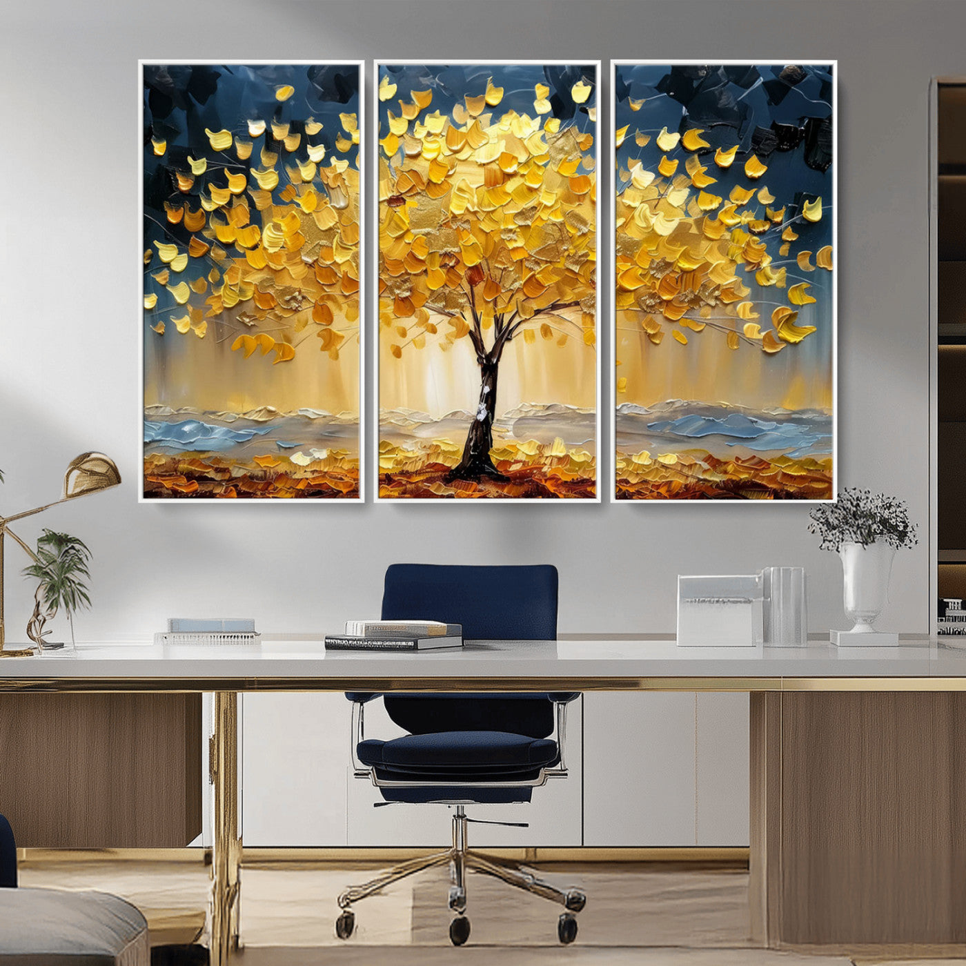 Canvas of a golden autumn tree with textured brushstrokes and moody blue skies, perfect for dramatic and vibrant home decor.