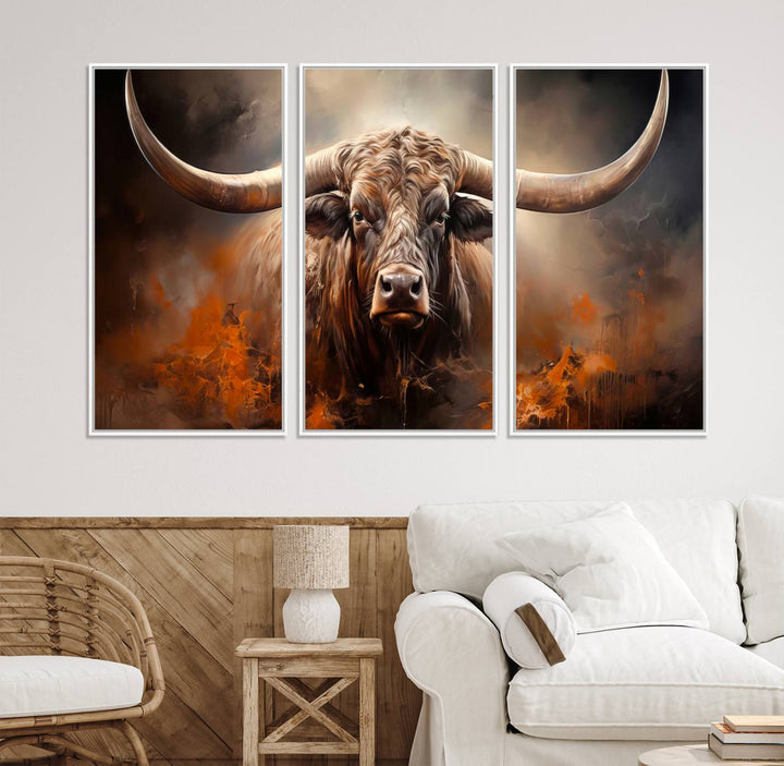 A Highland Bull with striking horns is depicted in a fiery abstract style on a ready-to-hang wall art canvas, evoking strength.