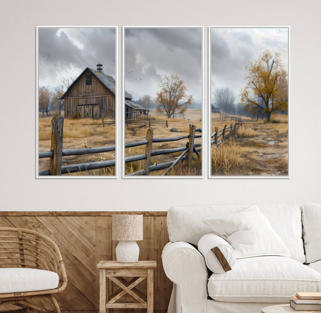 Rustic Autumn Farmhouse Wall Art – Weathered Barn & Trees Canvas Print, featuring a serene scene with birds in the sky. This piece is ready to hang.