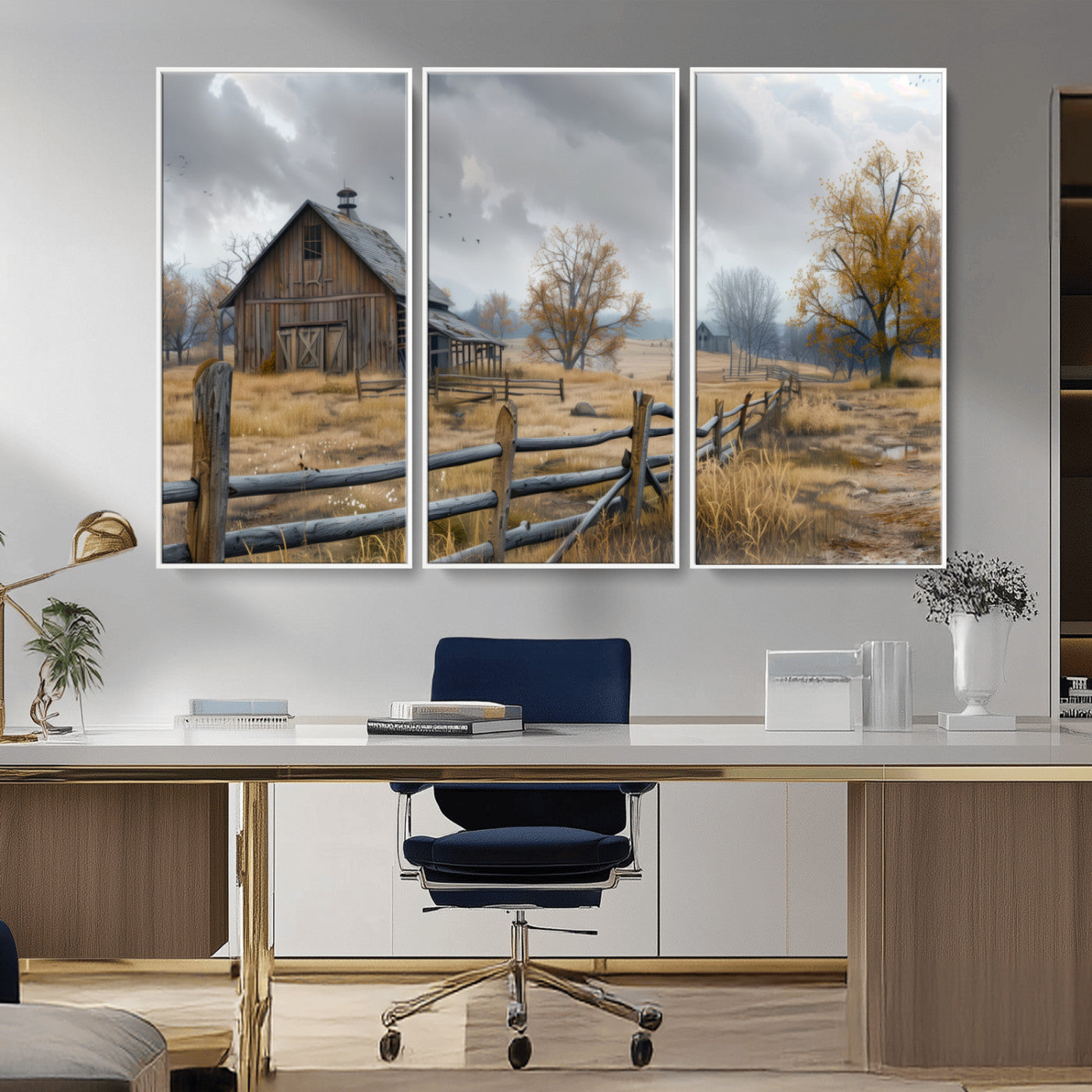 MGV-FC-48X32-3P - Rustic Autumn Farmhouse Wall Art Canvas Print – Serene Countryside Scene with Weathered Barn and