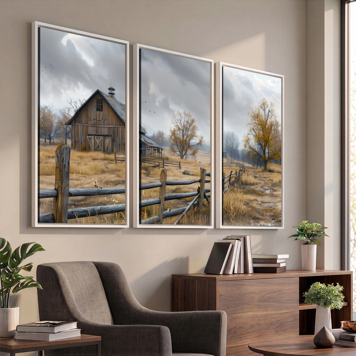 Farm1-MGV-CV-36X24 - Rustic Autumn Farmhouse Wall Art Canvas Print | Serene Countryside with Weathered Barn