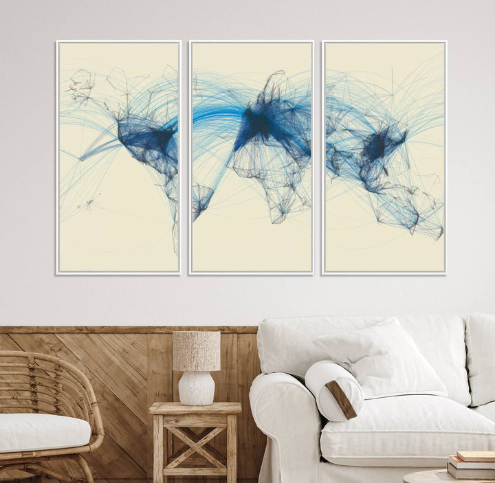 Flight Routes Map: Air Traffic Avi World Map featuring blue lines symbolizing global data. Ideal for home decor and ready to hang.