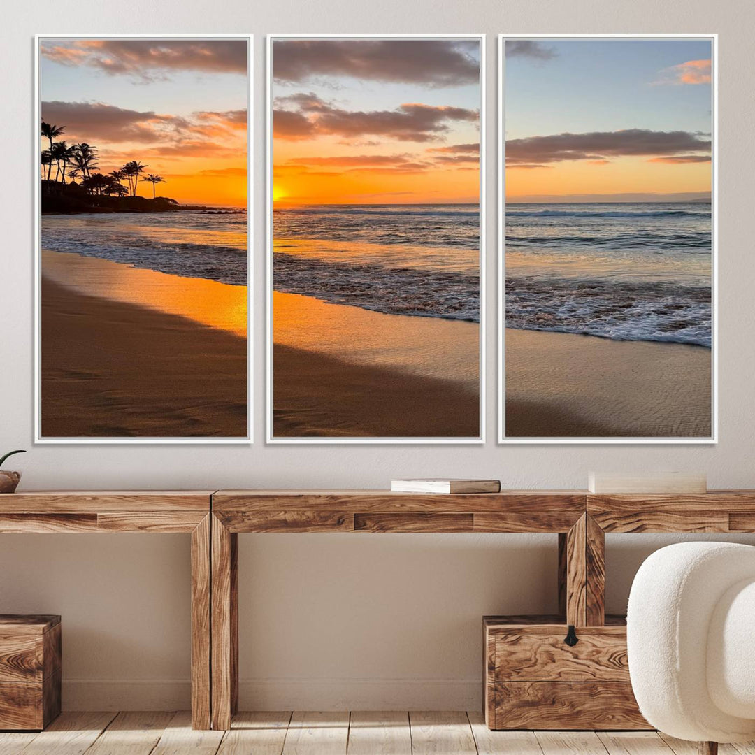 Sunset Wall Art Print featuring a beach sunset with waves and palms, perfect for coastal decor.