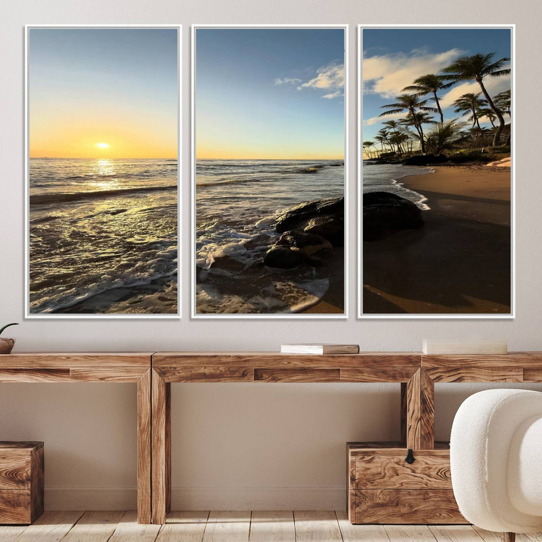 A serene tropical sunset on canvas, featuring palms and waves, serves as perfect Tropical Beach Wall Art for home or office decor.