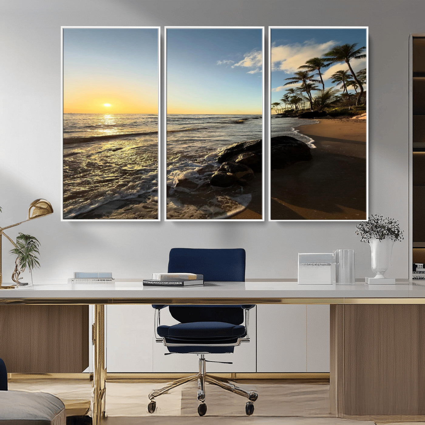 MGV-FC-48X32-3P - Tropical Beach Wall Art - Stunning Ocean Sunset Canvas Print with Palm Tree Design for Relaxing and