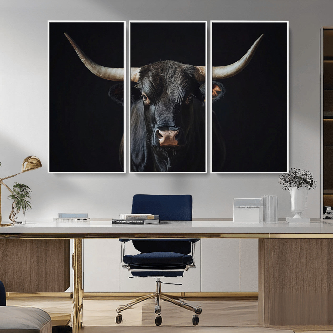 Canvas of a black longhorn bull against a dark background, featuring moody tones and western character for rustic or cowboy-inspired spaces.
