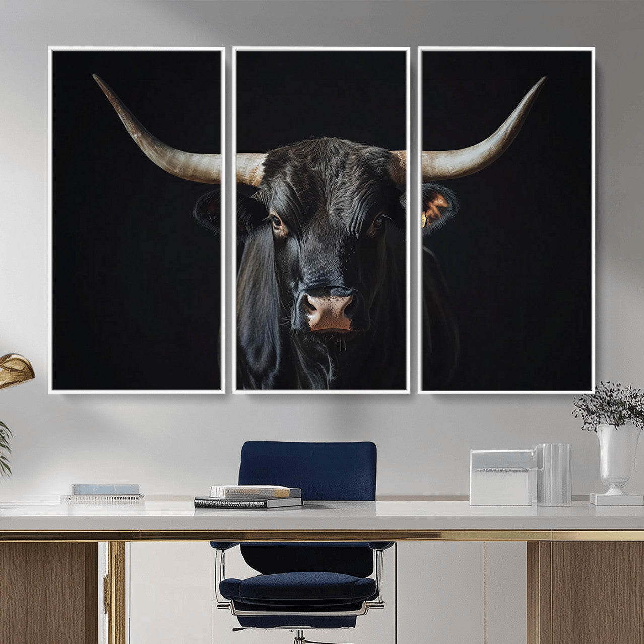 48065167-MGV-CV-36X24 - Texas Longhorn Bull Wall Art Canvas Print – Western Black Bull Art Print for Farmhouse Ranch Decor