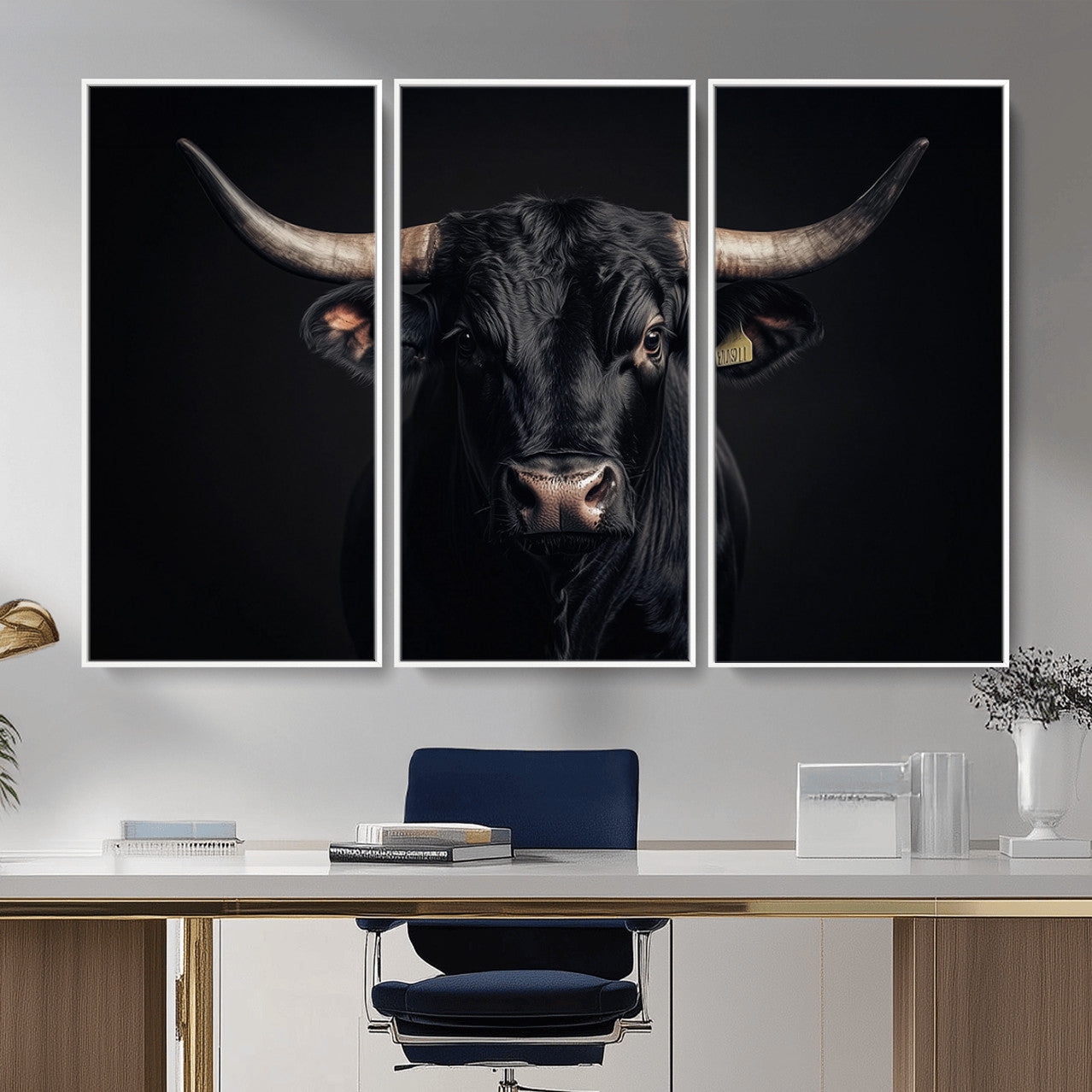 MGV-FC-48X32-3P - Black Bull Wall Art – Framed Horned Bull Canvas Artwork, Western Cattle Design, Rustic Ranch Style Decor for Home, Office